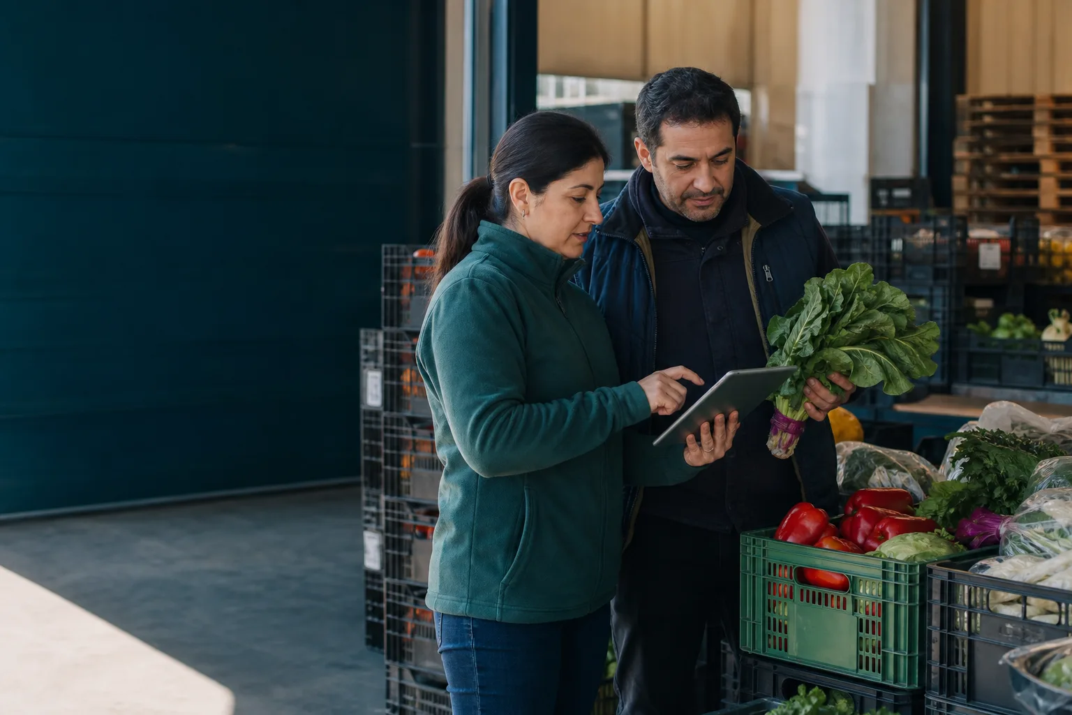 Compradora y proveedor revisando juntos un pedido de productos frescos